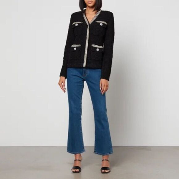 SELF-PORTRAIT Black Tape Knit Crystal-Embellished Bouclé Cardigan - Picture 13 of 13